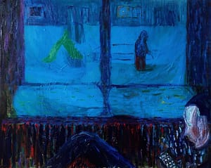 A painting depicting a man seated by a window, staring at his phone. Soft light is illuminating the scene. Outside a boy is playing next to a yellow slide.