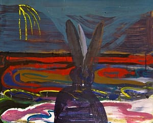Colorful abstract painting by Axel Linderholm. It depicts a rabbit figure from behind, with long ears, facing a surreal landscape of swirling red, blue, yellow, and green lines beneath a dark sky, suggesting an otherworldly atmosphere. It was shown during the Mysteries exhibition of Studio Continuo.