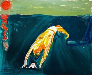 Vibrant painting depicting a swimmer in the Baltic sea, with a setting sun in the background.