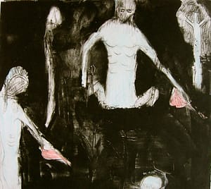Abstract drawing of two white figures against a (hand coloured) black background, watering plants with red watering cans.