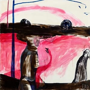 Abstract painting in coffee colour, white, red and blue, featuring a horned figure, a red creature with a beak, and a black figure with a hat.