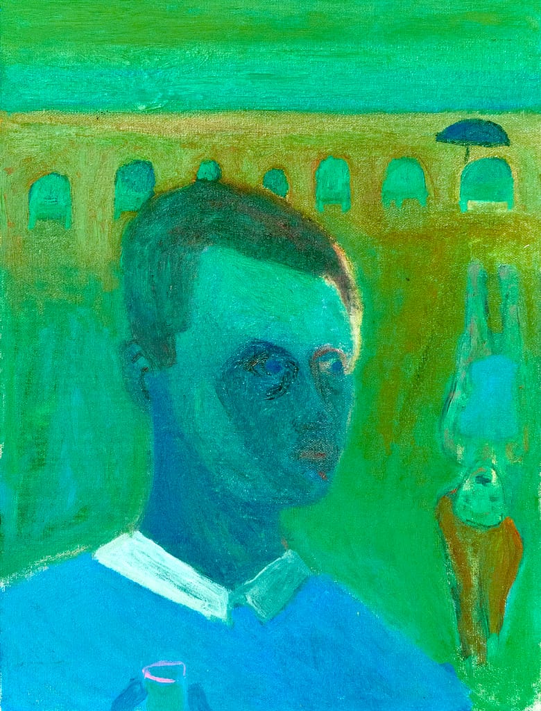 A vivid painting in yellow, green and blue. A man is standing in front of a beach, a glass of pastis in his hand.