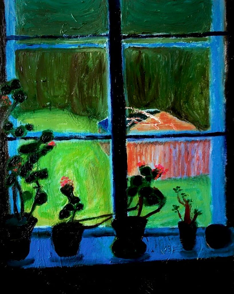 Colorful painting of potted plants on a windowsill, overlooking a vibrant green garden with a wooden structure in the distance. The scene is framed by a glowing blue window.