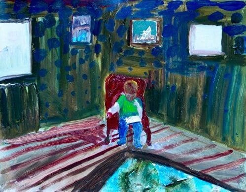 Abstract painting of a child in an armchair. It is immersed in a book. On the bright blue walls in the background there are pieces of art and windows.