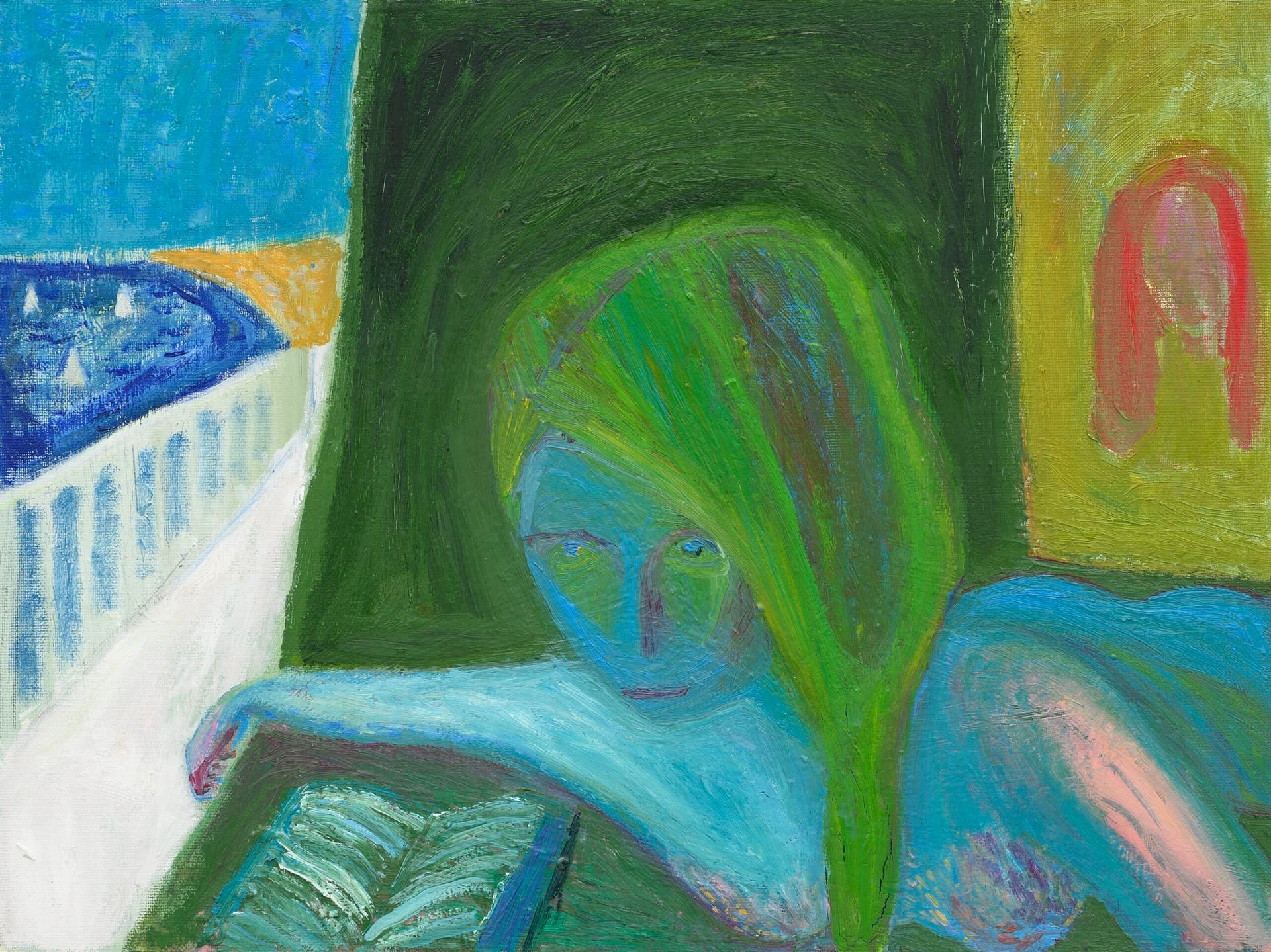 Abstract painting of a figure with green and blue tones, leaning on an open book with a pen, against a dark green background. A bright outdoor balcony scene with a vivid blue sea and sailboats is visible through an opening on the left side. The figure's face is partially obscured by flowing green hair, with an enigmatic expression, blending into the surrounding colors. A warm yellow and red abstract shape is displayed in the background, adding contrast.