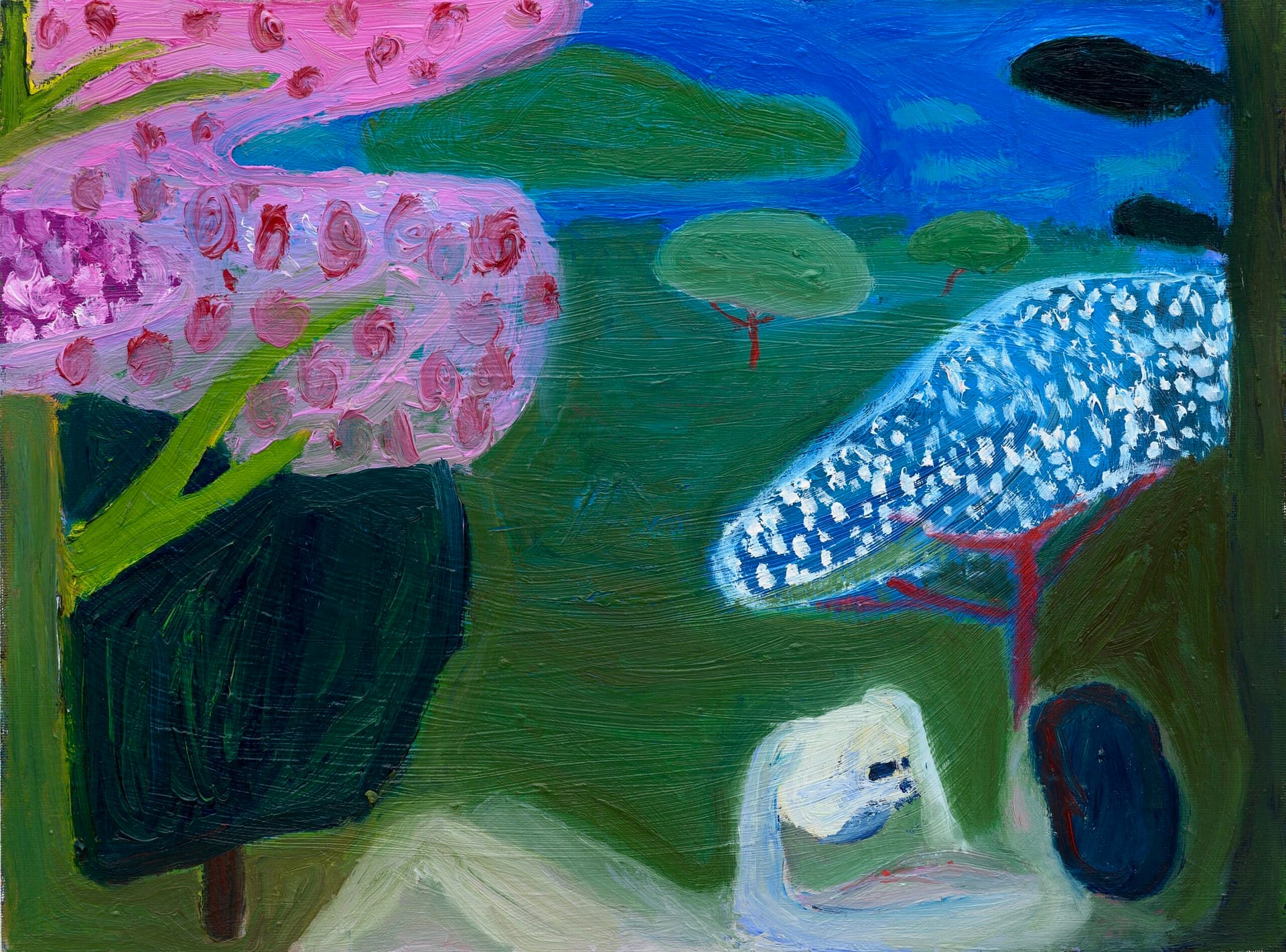 Abstract landscape painting featuring vibrant pink and blue blossoming trees against a deep green background. A skeletal figure rests in the foreground, with trees and open green fields stretching into the distance. The sky is a rich mix of blue and green hues, with a soft and dreamlike quality to the brushstrokes.