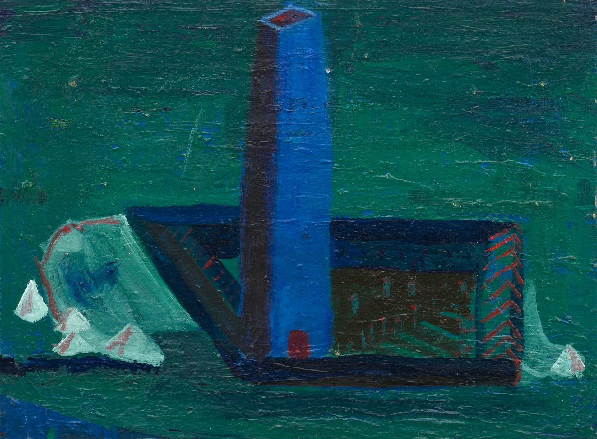 Abstract painting featuring a tall blue chimney in the center, surrounded by green and dark blue tones. White, triangular shapes resembling piles of ash are scattered on the left, with bold and textured brushstrokes that create a moody, industrial atmosphere.