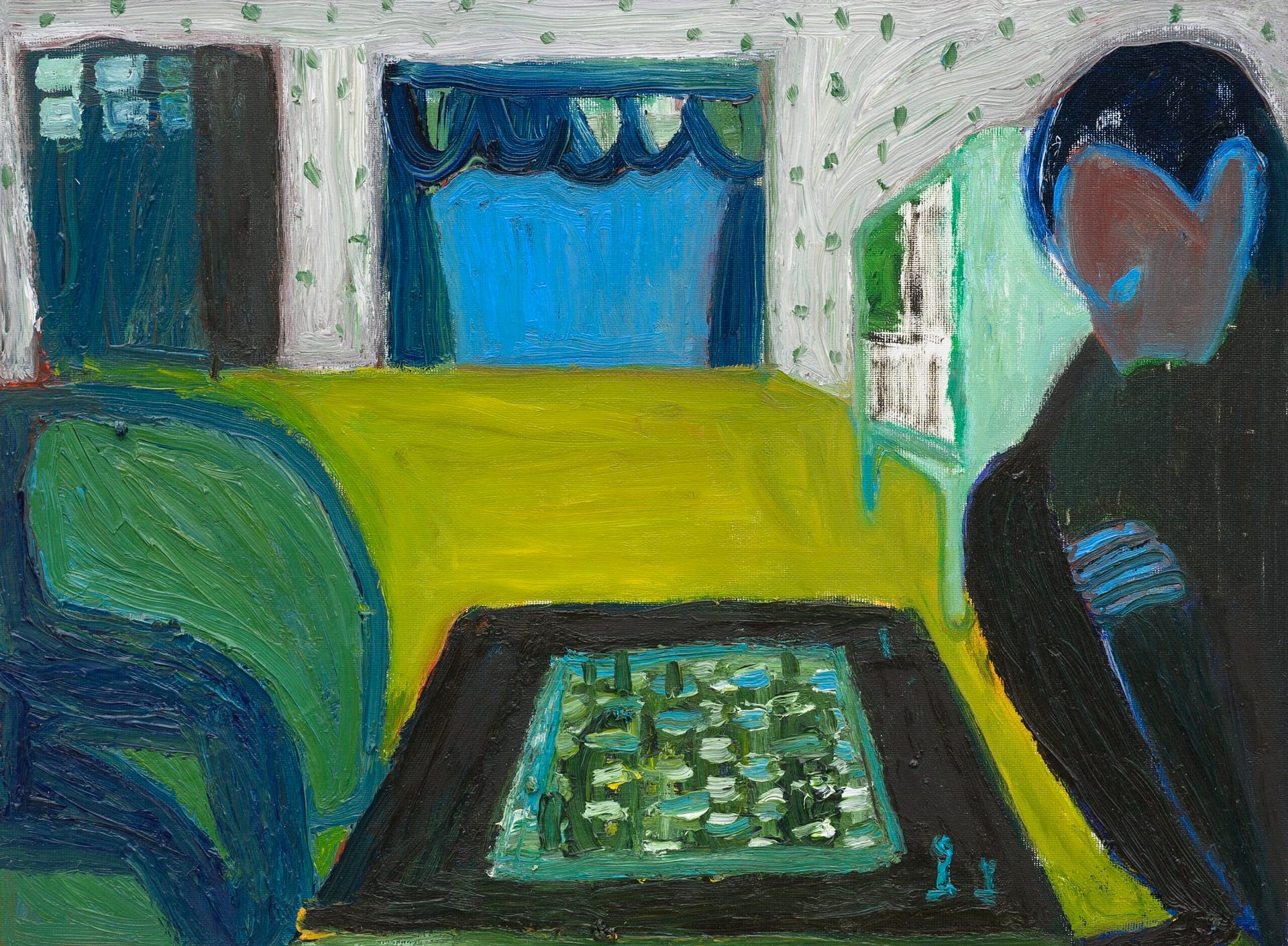 Vivid abstract painting of an indoor scene featuring a chessboard on a black table. A figure with dark blue hair and clothing is on the right side, appearing to contemplate the game. The room is decorated with blue curtains, green furniture, and patterned wallpaper, evoking a calm and reflective holiday mood.