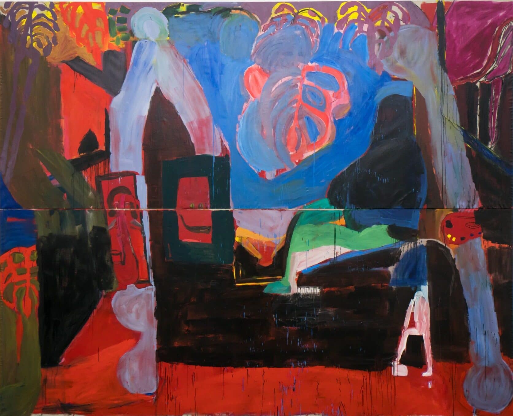 A large abstract painting titled Demokles - Studio Blind Matisse. The painting features vibrant red, blue, and green shapes, with bold, expressive brushstrokes and organic forms on a large canvas.