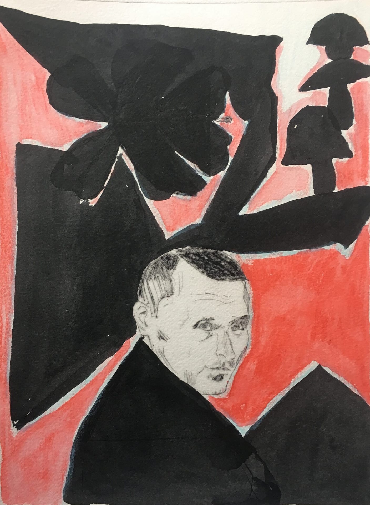 Abstract drawing in black, white and red. A man is looking over his shoulder. He has a friendly and thoughtful expression. Behind him are black geometrical shapes.