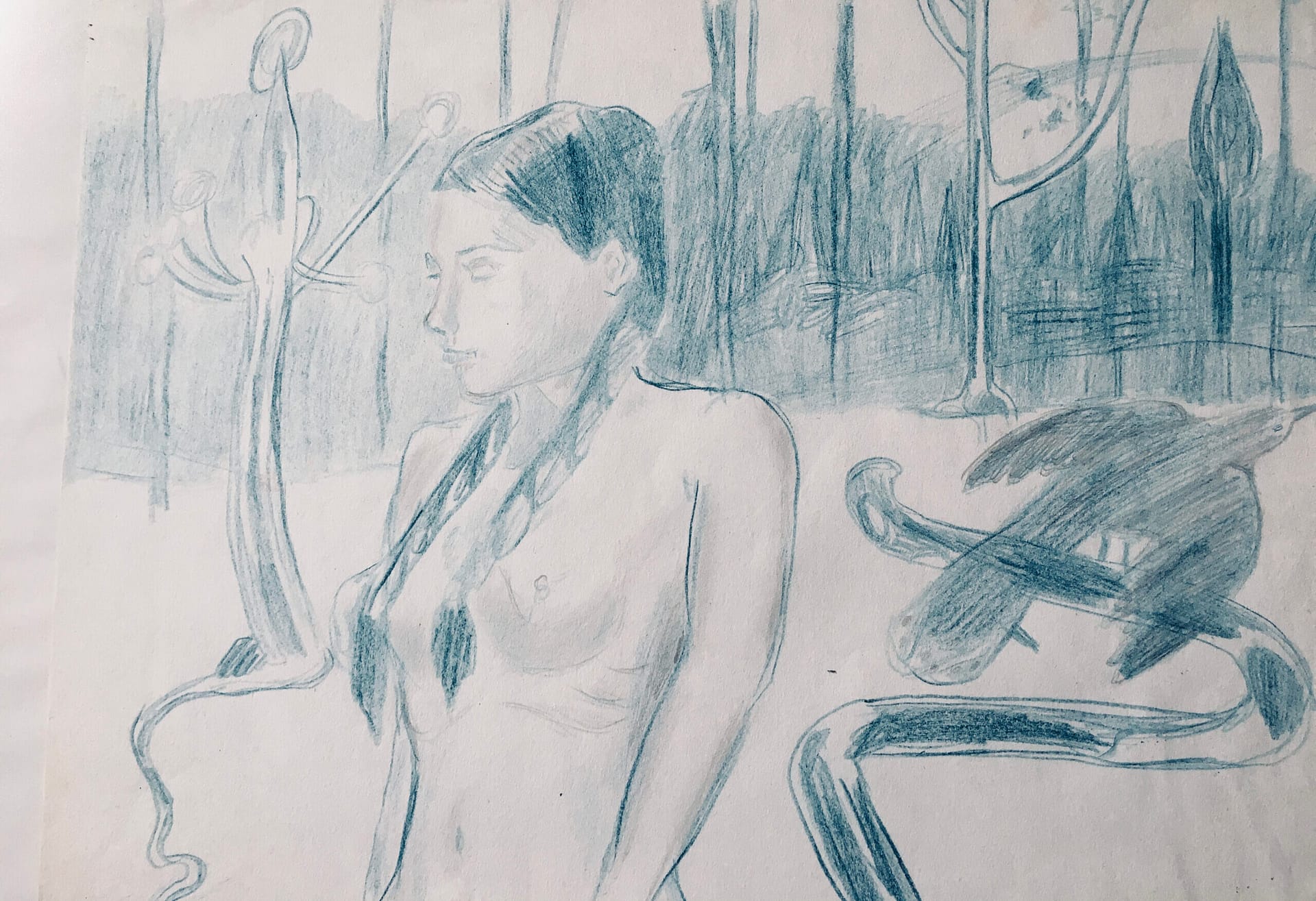 Abstract drawing in grey and white of a naked girl. Two braids are hanging over her breasts. In the background there is a bird and geometrically shaped trees.