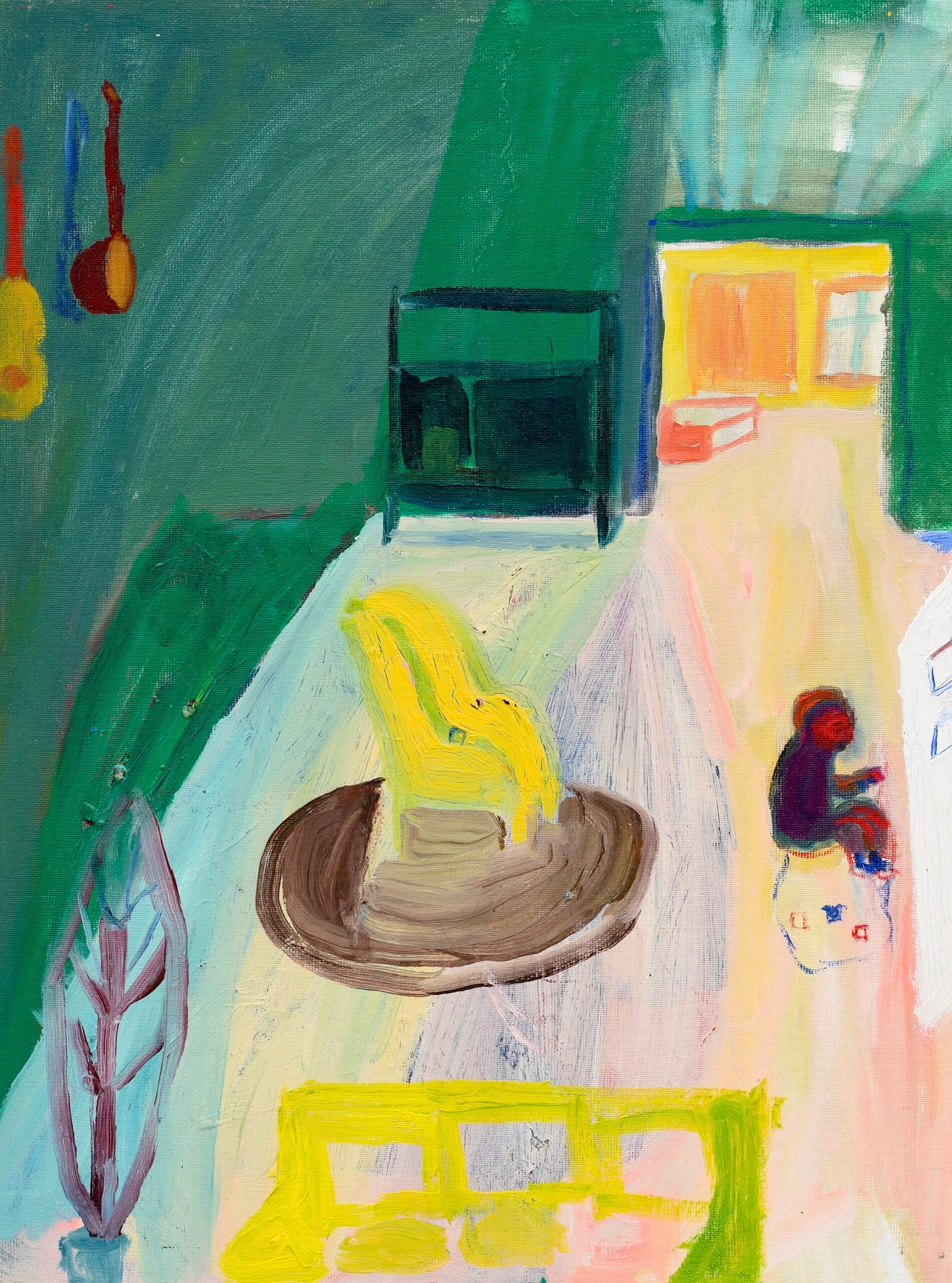 Vibrant abstract painting of a cozy room interior with bright yellow armchair and child playing - Colorful Art, Modern Home Decor