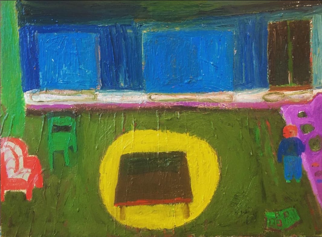 An abstract painting of a cozy, colourful home interior, featuring a table and chairs in a warmly painted room, inviting comfort and relaxation. A child stands next to the sofa.