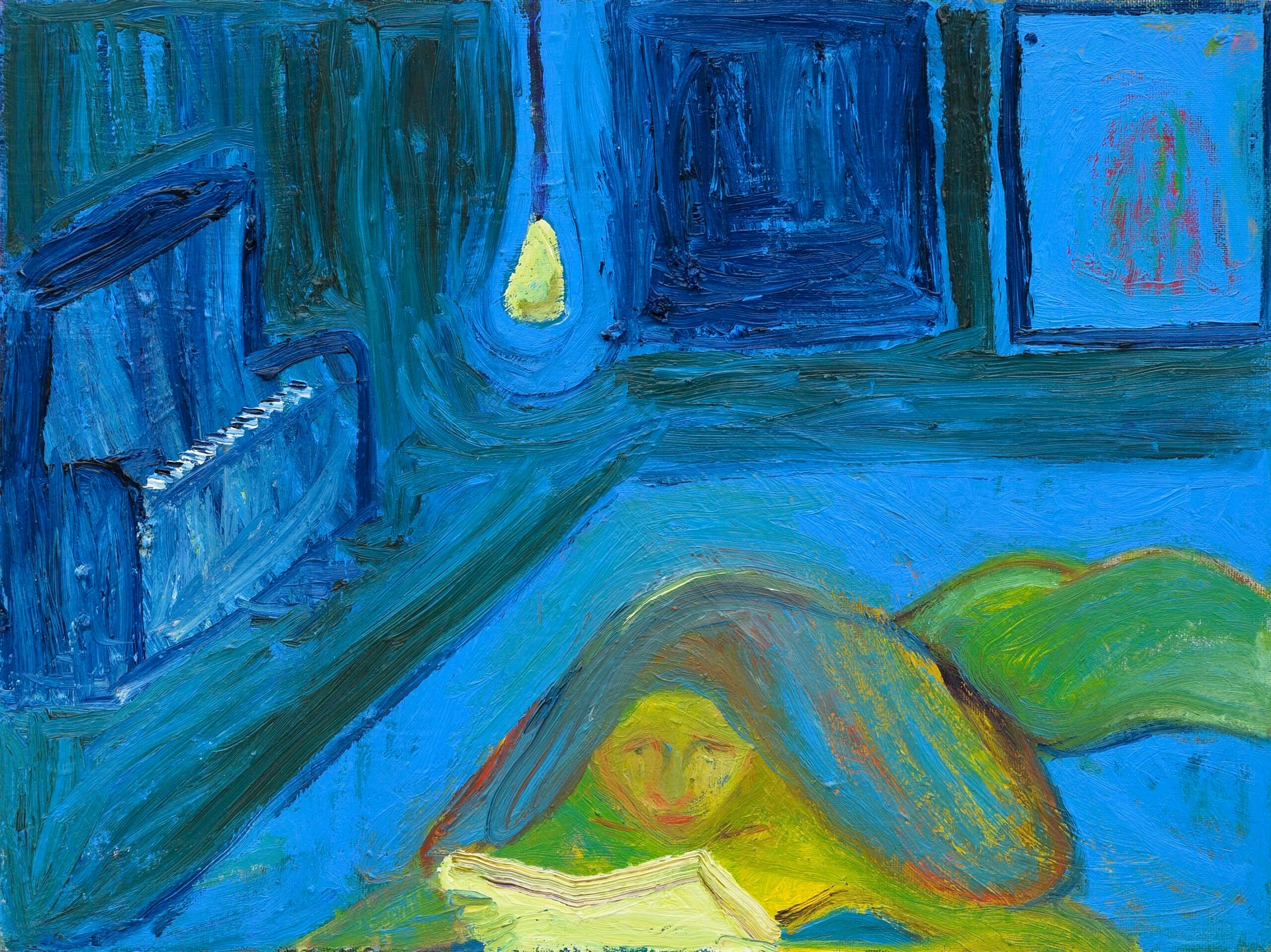 Abstract painting of a person reading under a hanging light, with a blue piano in the background. The vibrant yellow woman and light beautifully contrast with the serene blues in the background.