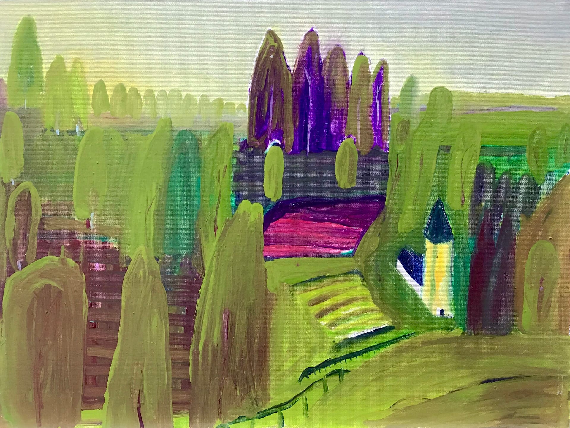 Abstract landscape painting with vibrant green hills, purple trees, and a small yellow house. The artwork depicts an idyllic countryside scene with layered textures and a blend of bold colors.