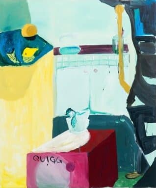 Abstract still life painting featuring a white object on top of a red block labeled 'Quigg,' surrounded by teal, yellow, and black shapes, depicting a surreal, dreamlike interior scene.