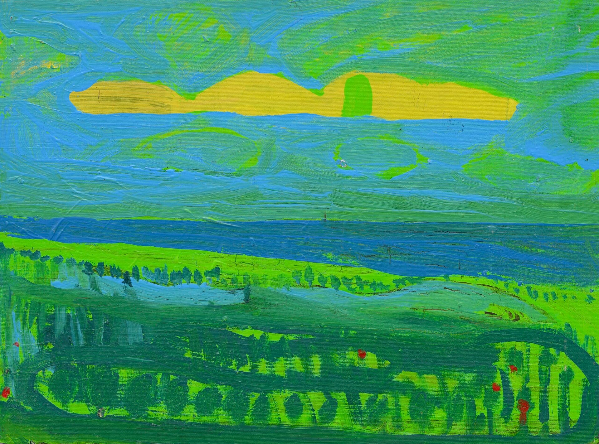 Abstract landscape painting. Vivid green fields and a blue horizon under a yellow sky. The use of bold brushstrokes creates a sense of movement and energy, portraying a tranquil yet vibrant natural setting.