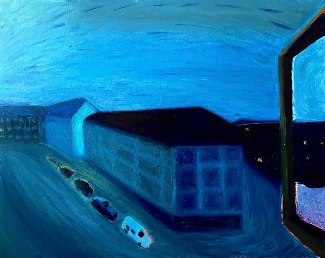 Expressionist painting of a quiet urban street at night in Copenhagen, with dark blue tones and shadowy buildings. A view from a window shows parked cars under an eerie sky, evoking solitude and calm.