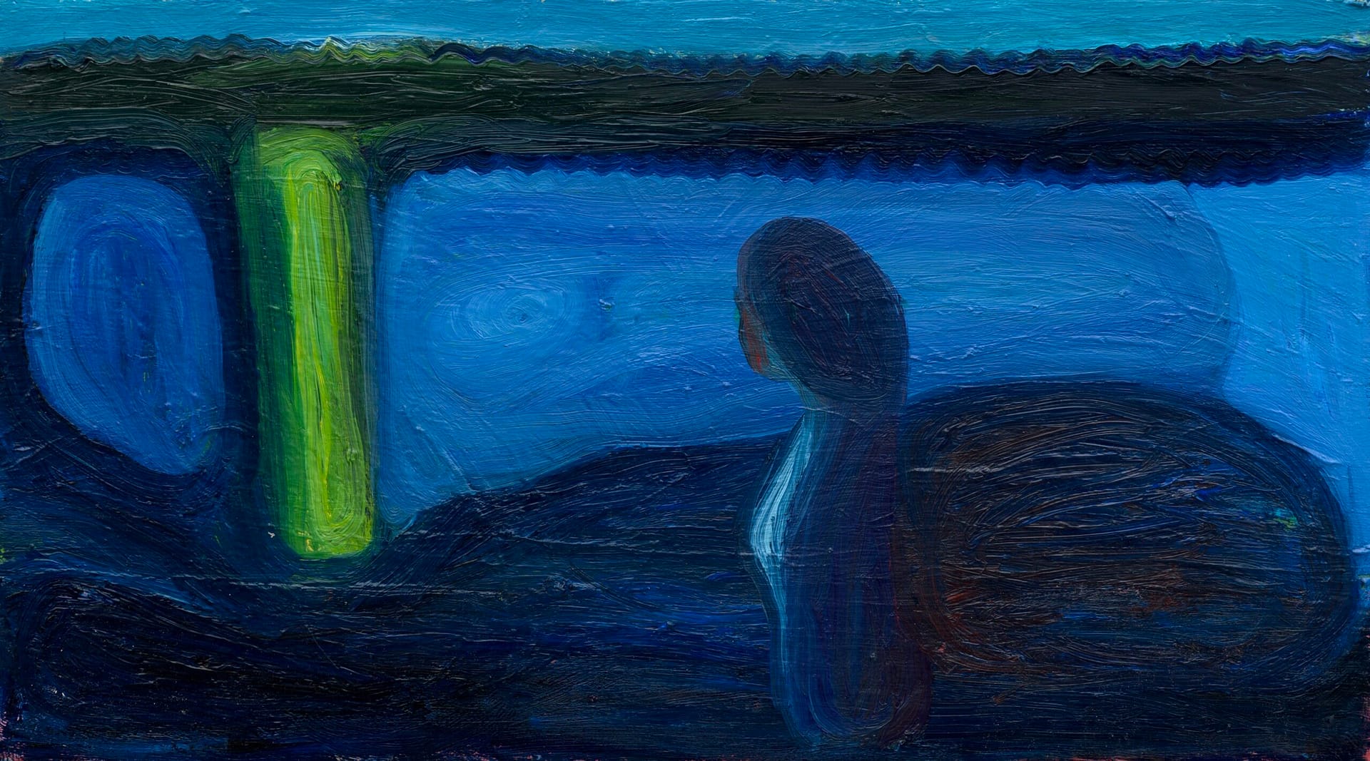 Abstract painting featuring a figure gazing out of a window with blue and green hues. The scene highlights the contrast between a glowing moonbeam and the shadowed surroundings, giving the composition a dreamlike, meditative feel.
