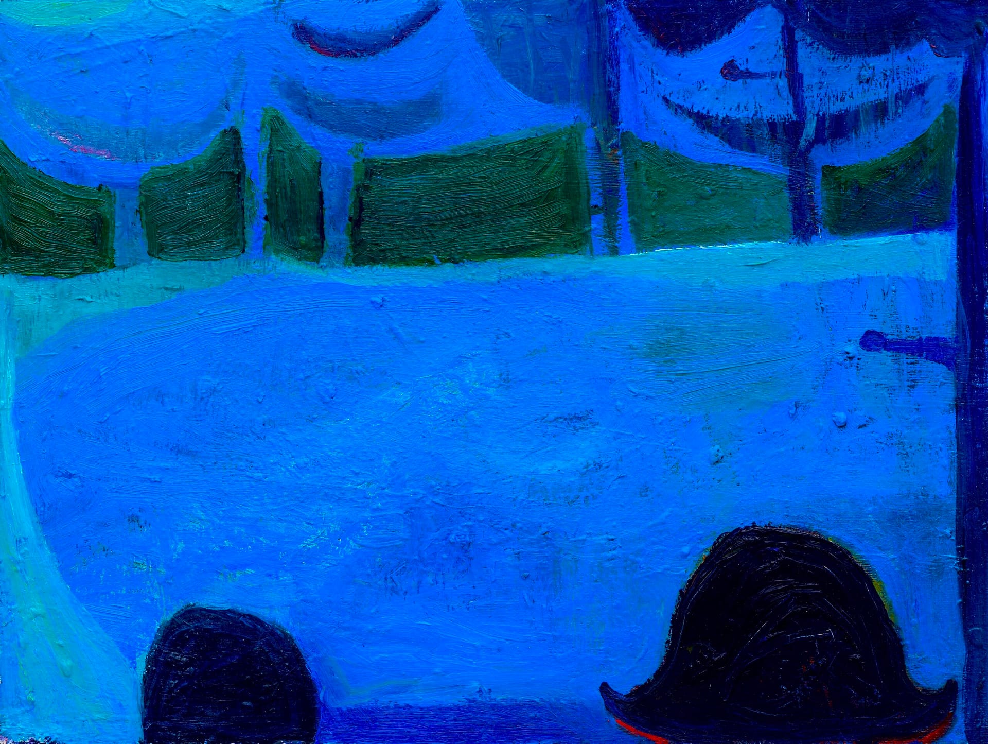 Impressionist-style painting using cool blue tones and abstract shapes, depicting two shadowed figures in an outdoor nighttime setting. The work's swirling brushstrokes suggest movement and emotional depth in the serene, open space.