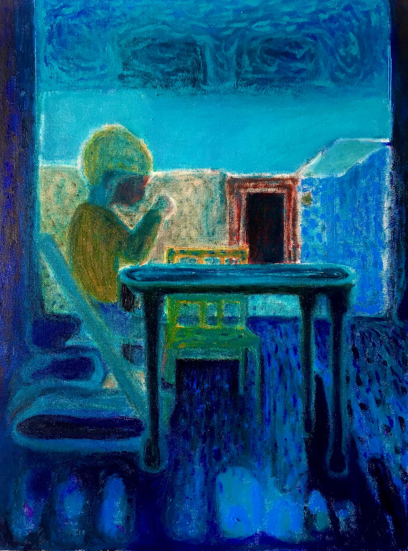 Surreal interior scene depicting a boy seated at a table in vibrant, cool tones of blue, yellow, and green, with abstract details of a window and distant room, capturing a dreamlike atmosphere.
