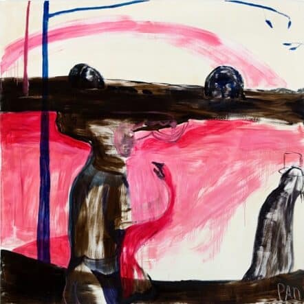 Abstract painting in coffee colour, white, red and blue, featuring a horned figure, a red creature with a beak, and a black figure with a hat.