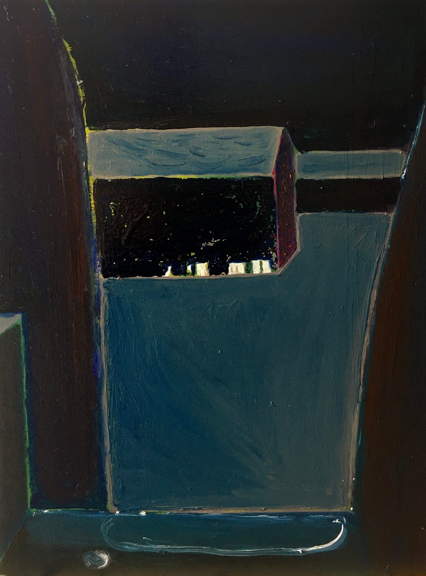 Abstract painting featuring a dark blue and black geometric structure. A central rectangular shape with vertical lines evokes a minimalist architectural form. First work in triptych.