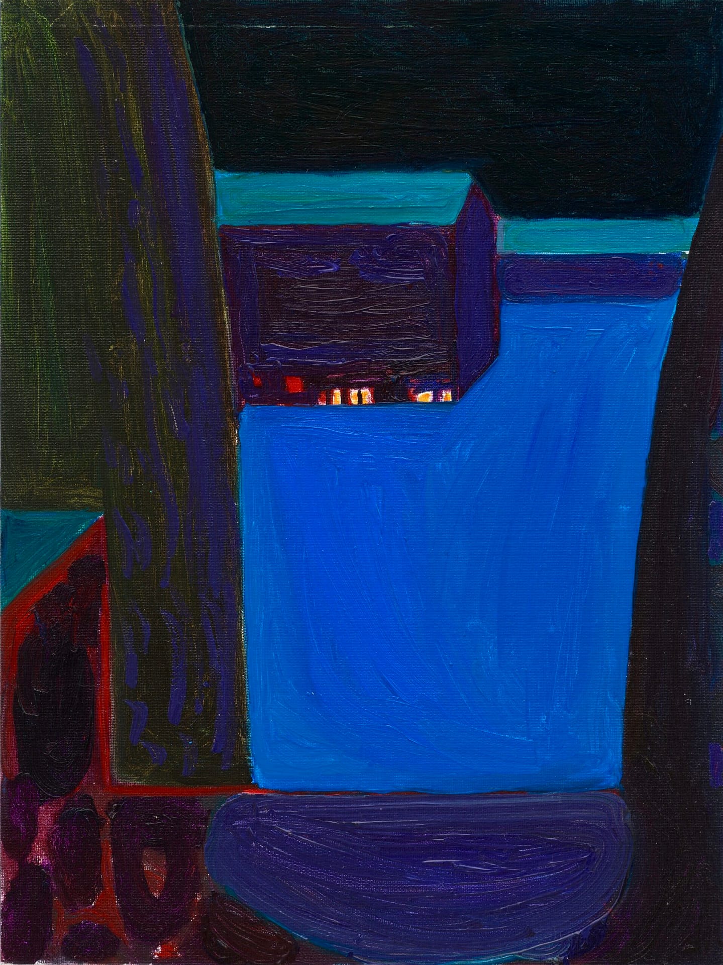 Axel Linderholm's 'Parkinglot III' abstract painting from 2021, with vibrant hues of red, blue, and green, representing an urban parking lot scene.