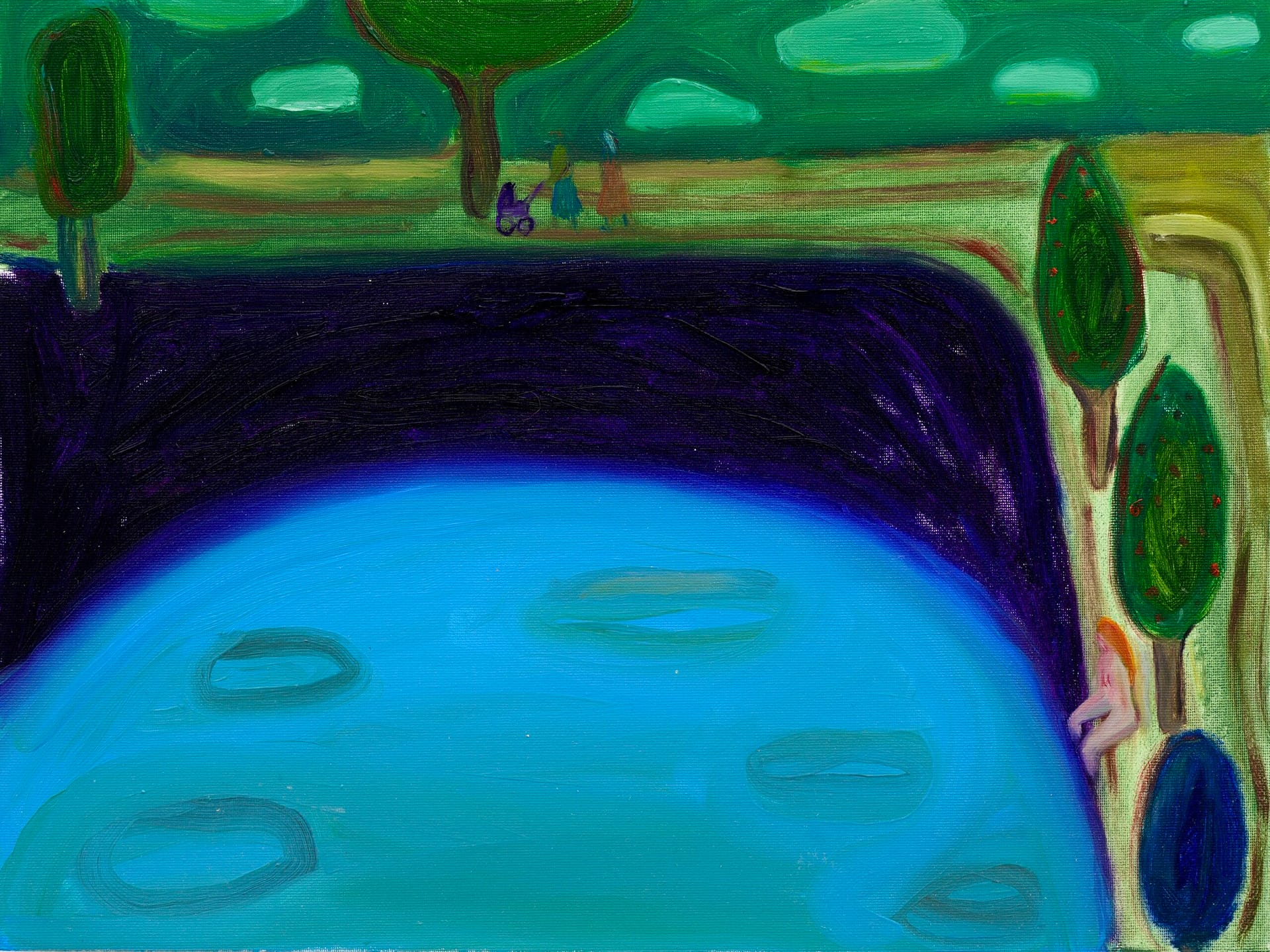 Vivid painting of a serene pond with bright blue water, surrounded by a park. Two figures and a baby stroller walk in the distance. A naked woman sits near the water.