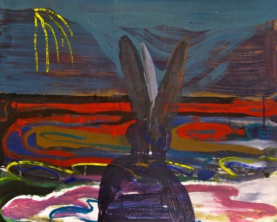 Colorful abstract painting by Axel Linderholm. It depicts a rabbit figure from behind, with long ears, facing a surreal landscape of swirling red, blue, yellow, and green lines beneath a dark sky, suggesting an otherworldly atmosphere. It was shown during the Mysteries exhibition of Studio Continuo.