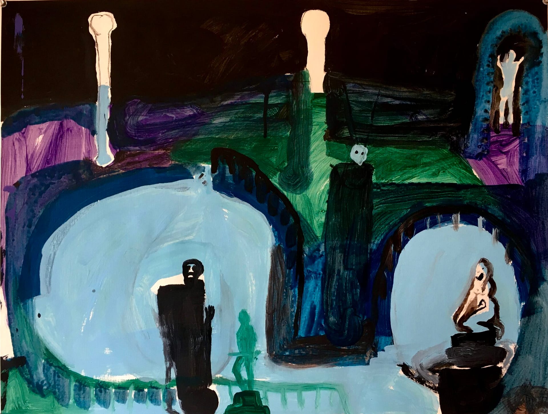 An abstract painting in shades of blue, green, purple and black. In different geometrical spaces there are figures, like a painter and a model.