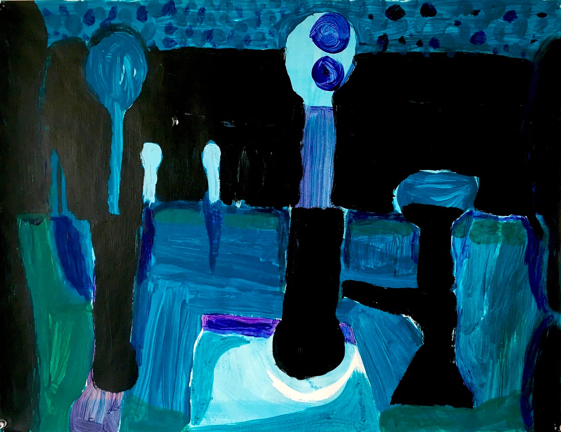 An abstract painting featuring blue and black hues. The bold geometrical shapes and pointillistic sky capturing the nocturnal atmosphere of a park.