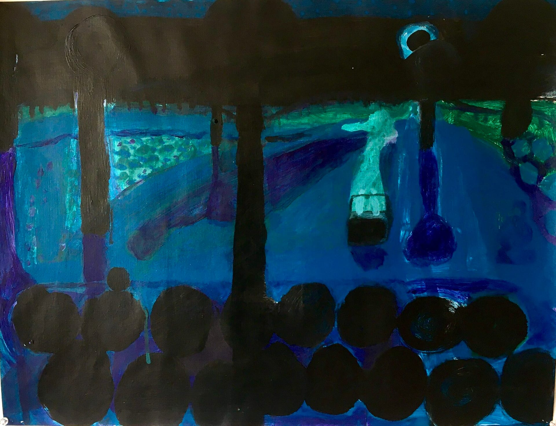 An abstract painting featuring blue, green and black hues. The bold geometrical shapes capturing the nocturnal atmosphere of a park in Manchester.