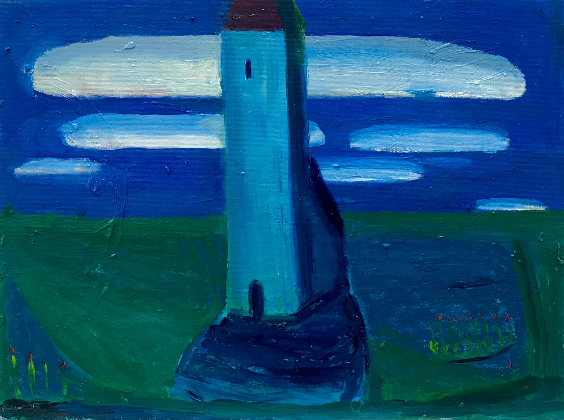 Serene landscape painting featuring a tall blue tower standing near a pond, with a deep blue sky and white clouds in the background. A minimalist style with rich, bold colors evokes tranquility and mystery.