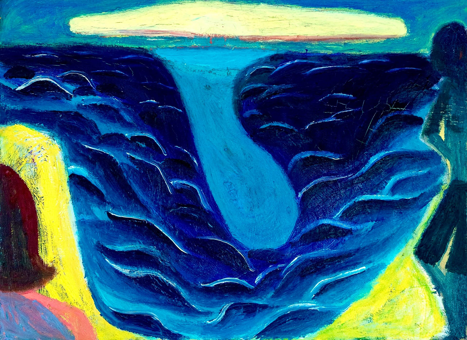 Abstract landscape depicting a vibrant blue reflection between bold, textured waves, surrounded by yellow and green elements. The composition creates a sense of movement and depth, with hints of surrealism.