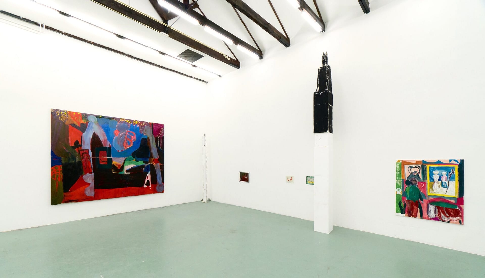 Contemporary art gallery installation in W139, featuring a large abstract sculpture by Landzbergas and vibrant paintings (titled Demokles and Boijmans) by Axel Linderholm on white walls.