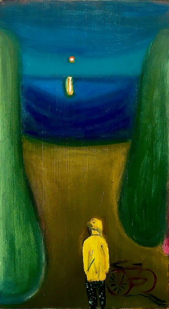 This evocative painting features a person in a yellow raincoat standing before two tall green trees, gazing toward a calm sea at dusk. A glowing light hangs over the horizon, with its reflection shimmering on the water, creating a peaceful yet haunting atmosphere. A bicycle lies on the ground behind the figure, adding a subtle narrative element that hints at a journey or pause in contemplation.