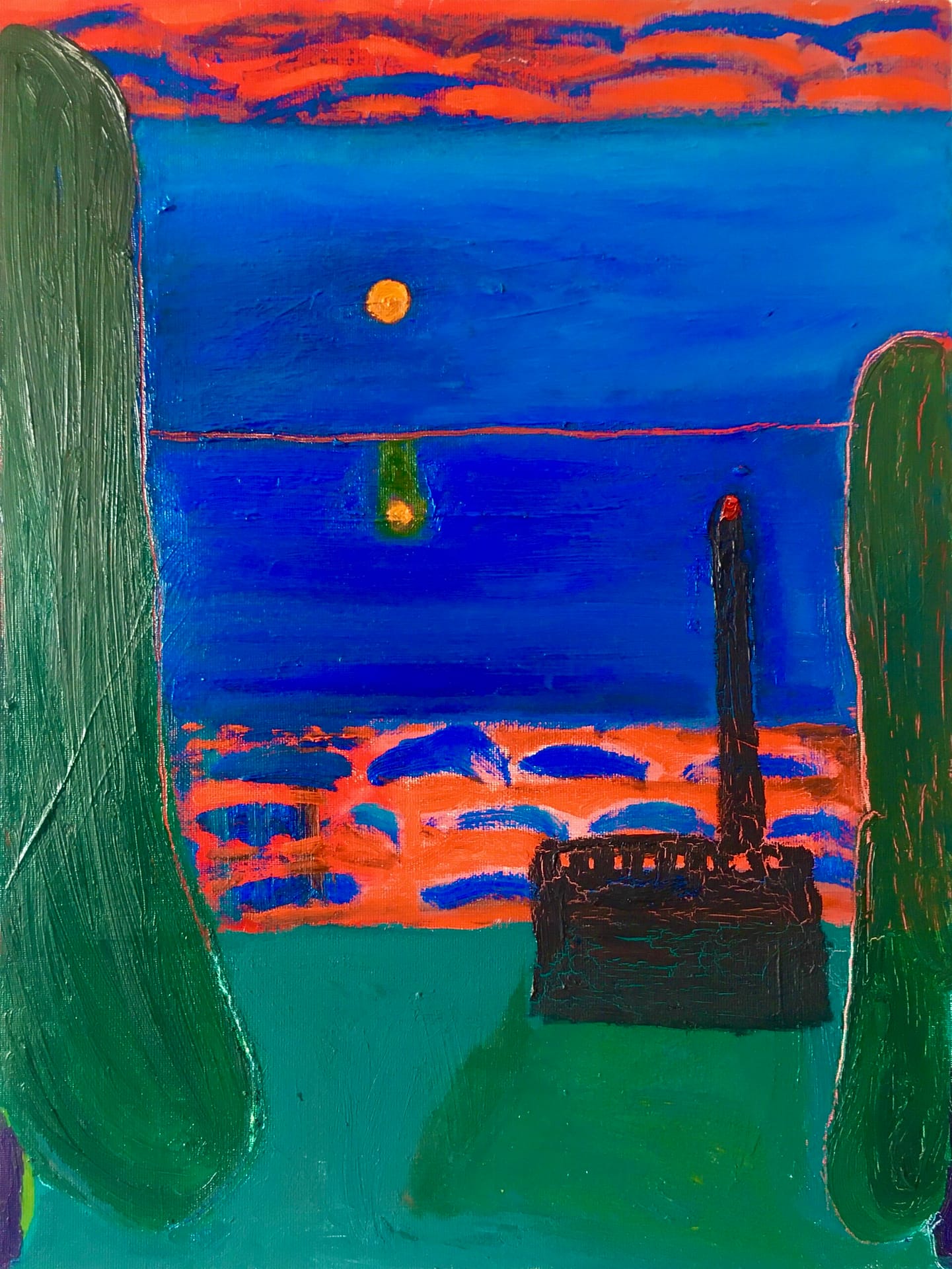 Abstract sunset landscape with a bright blue ocean and a yellow moon reflecting on the water. Dark silhouettes of towering green shapes frame the scene, while a mysterious black structure stands in the center, adding depth to the vivid orange and blue sky.