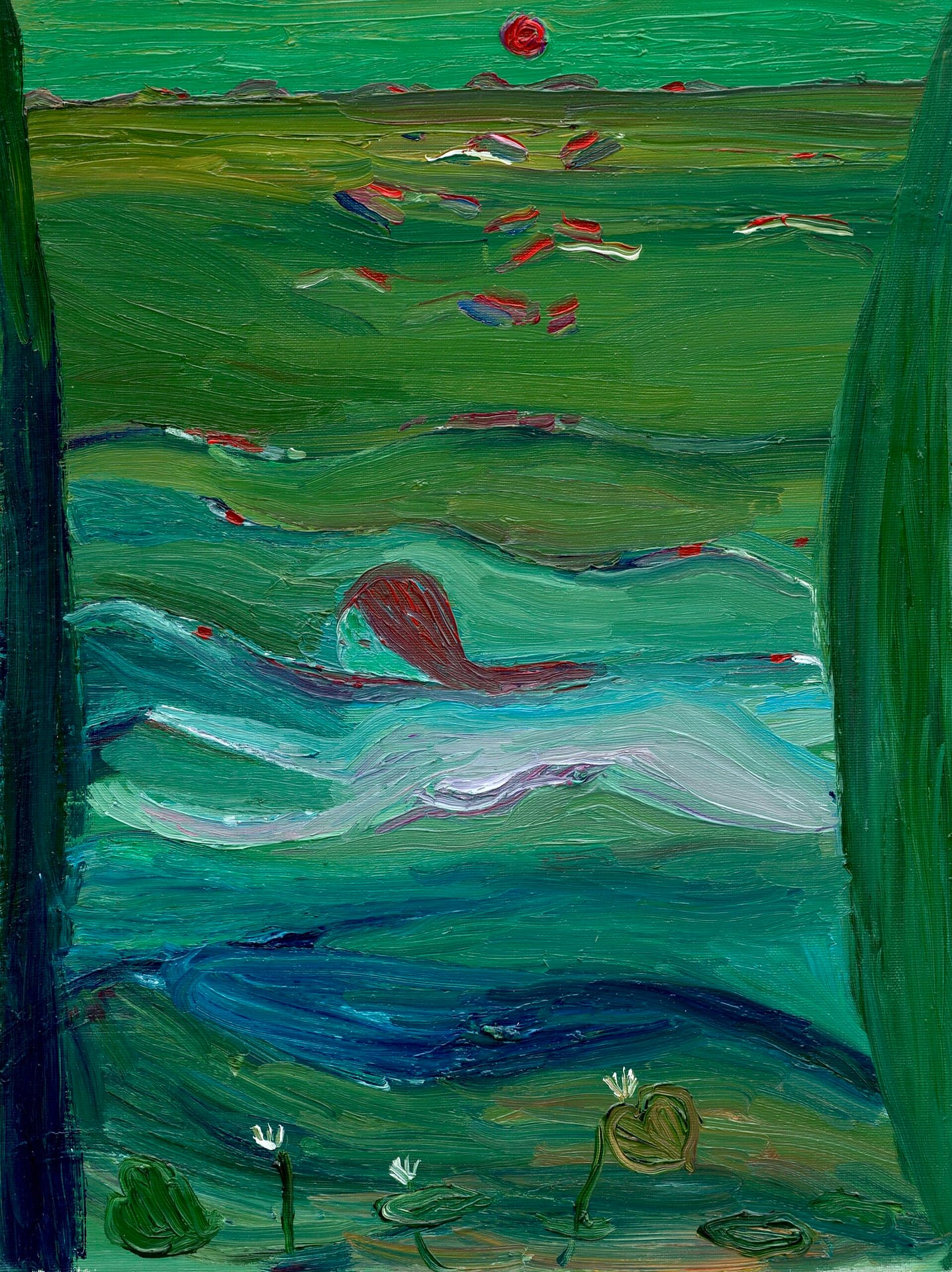 Abstract representation titled 'Zwemster' depicting a swimmer in dynamic motion, dominated by green hues, with flowing water and patches of red highlights, possibly representing flowers or leaves, bordered by tall vertical elements and a setting sun in the distance.